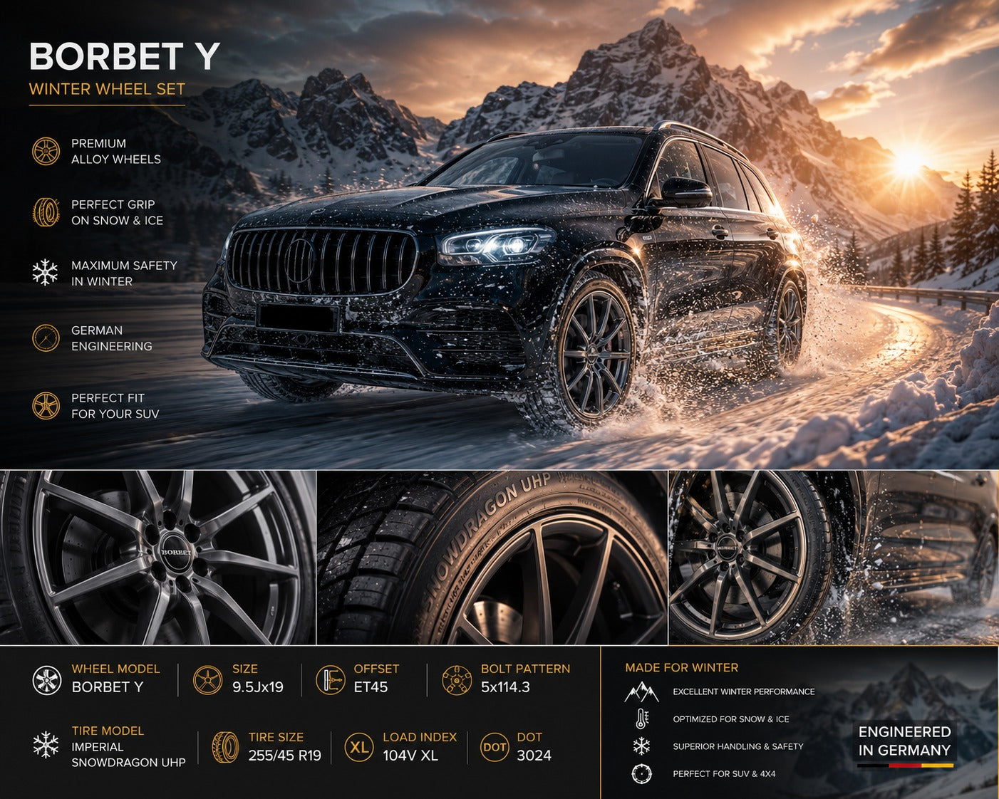 4 x Borbet Y Winterräder 255/45 R19 für Tesla Model Y  Imperial Snowdragon SUV XL ET45 5x114.3 Kompletträder