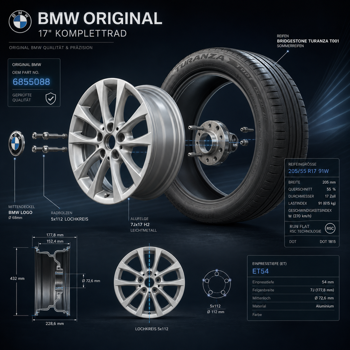 4 x Original BMW 17Zoll Alufelgen 6855088 Kompletträder 7Jx17 ET54 5x112 205/55 R17 Sommerreifen