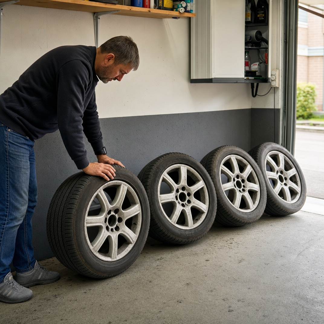 Vier gebrauchte Alufelgen lehnen an einer Garagenwand