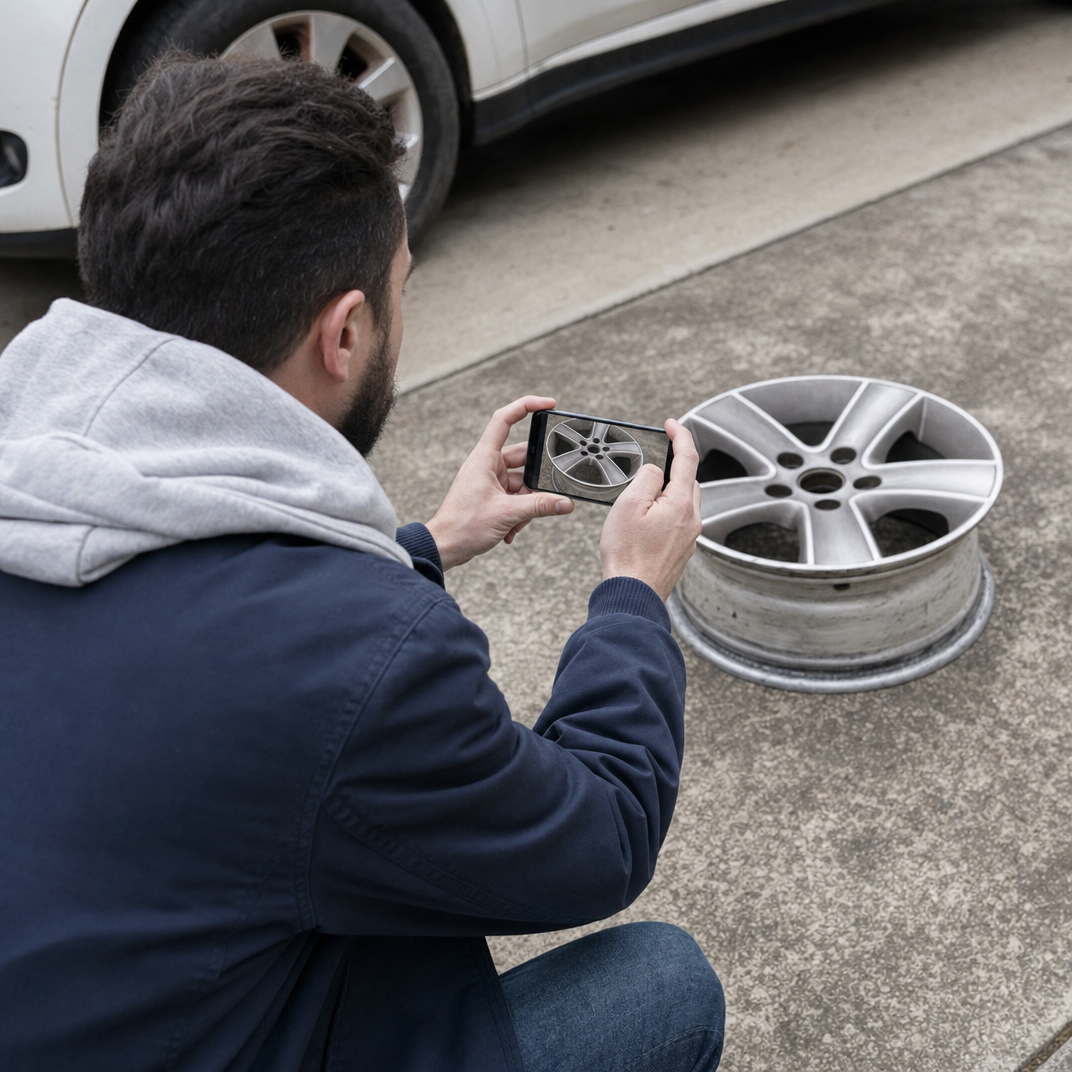 Alufelge wird mit dem Smartphone fotografiert